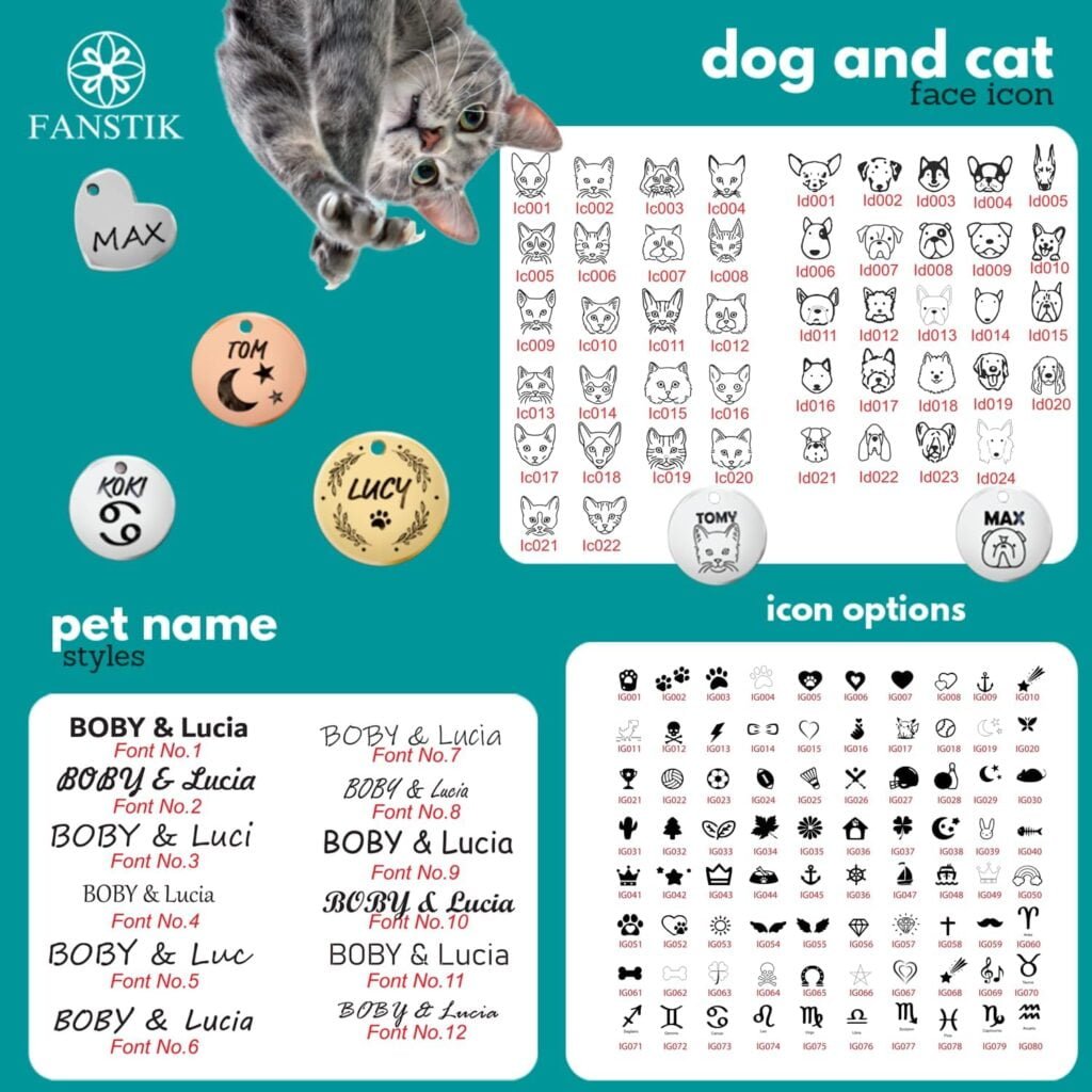 Engraved Pet ID Tag (Made in USA), Large Size, Customized Dog Tags, Personalized Cat Tags, Stainless Steel, Bronze Different Shapes Sizes and Design FANSTIK (ONLY Text)