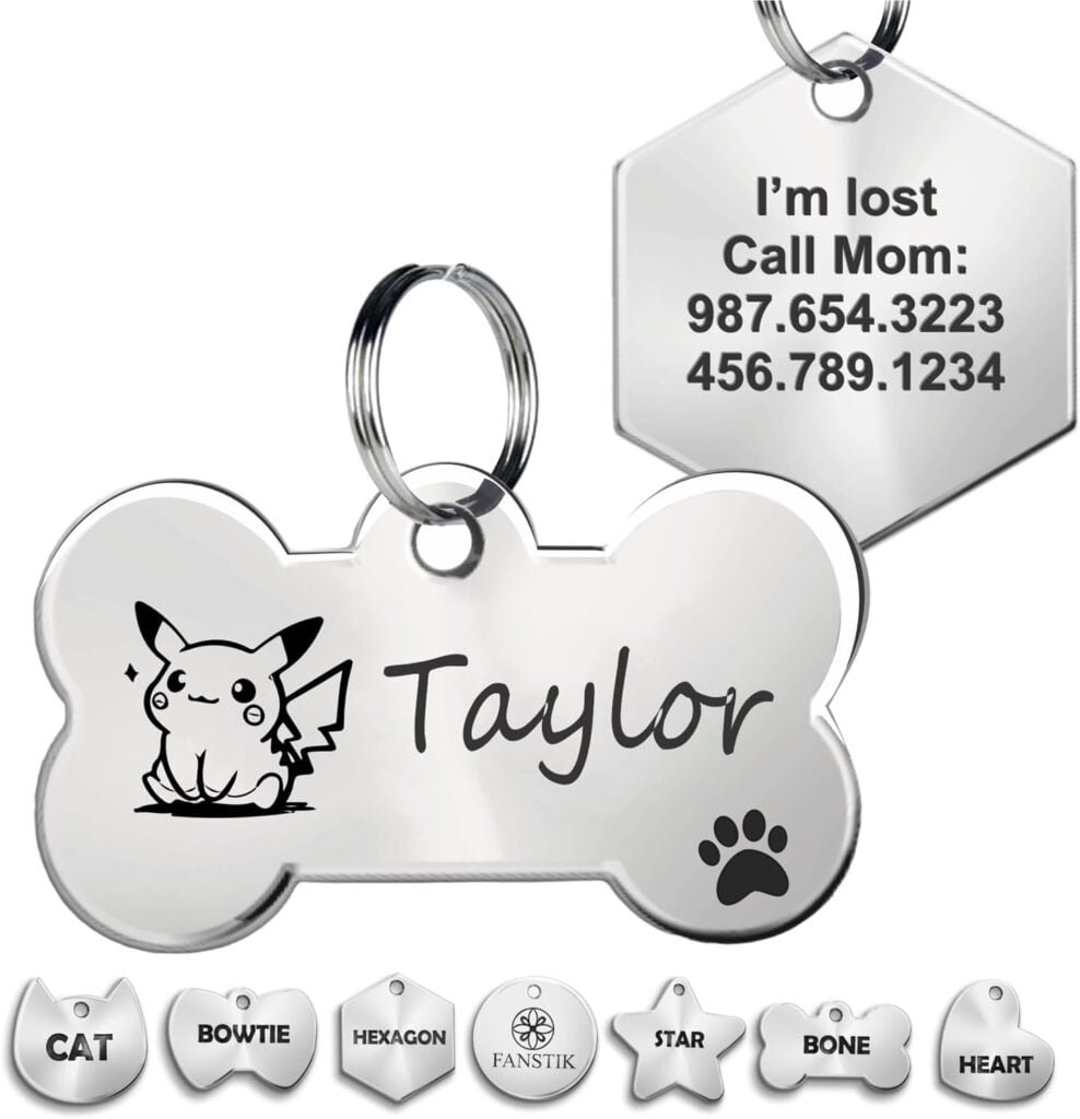Engraved Pet ID Tag (Made in USA), Large Size, Customized Dog Tags, Personalized Cat Tags, Stainless Steel, Bronze Different Shapes Sizes and Design FANSTIK (ONLY Text)