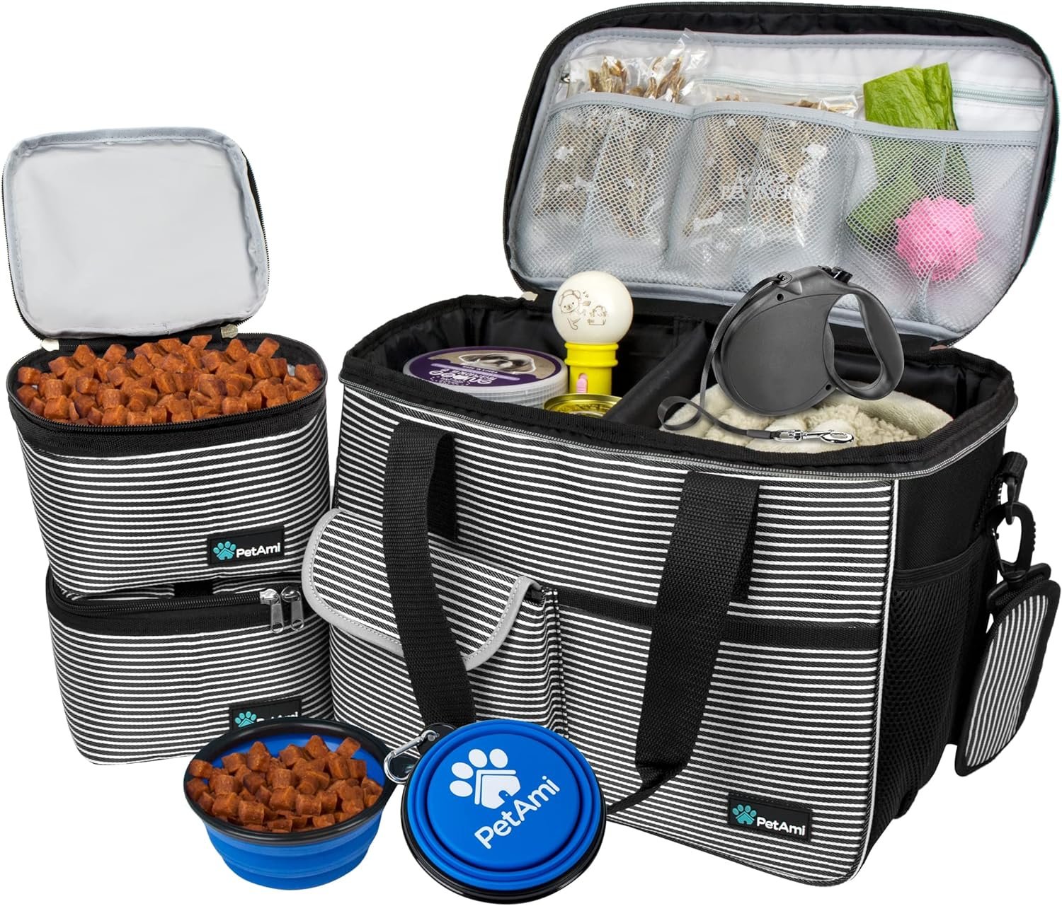 PetAmi Dog Travel Bag, Travel Pet Bag Organizer, Dog Food Travel Bag with Food Container and Bowls, Dog Travel Supplies Gift Accessories for Weekend Camping, Dog Cat Diaper Bag (Charcoal, Large)