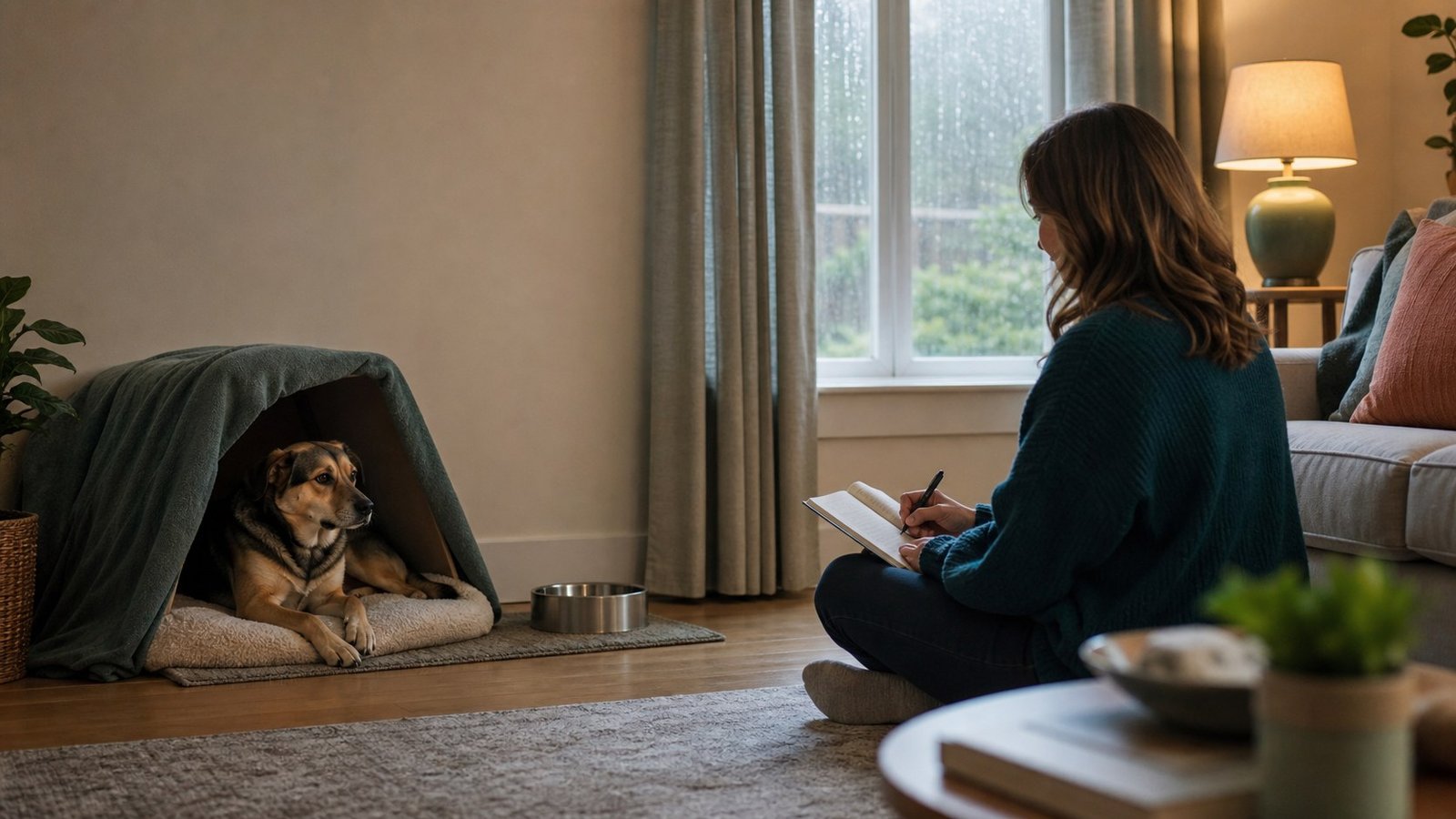 Dog resting in a quiet safe space while its owner records stress triggers and recovery