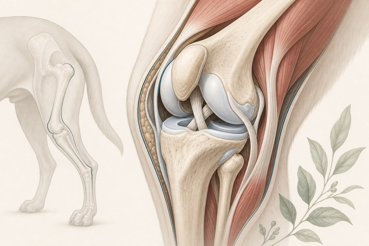 Educational illustration of a canine stifle joint and surrounding support structures