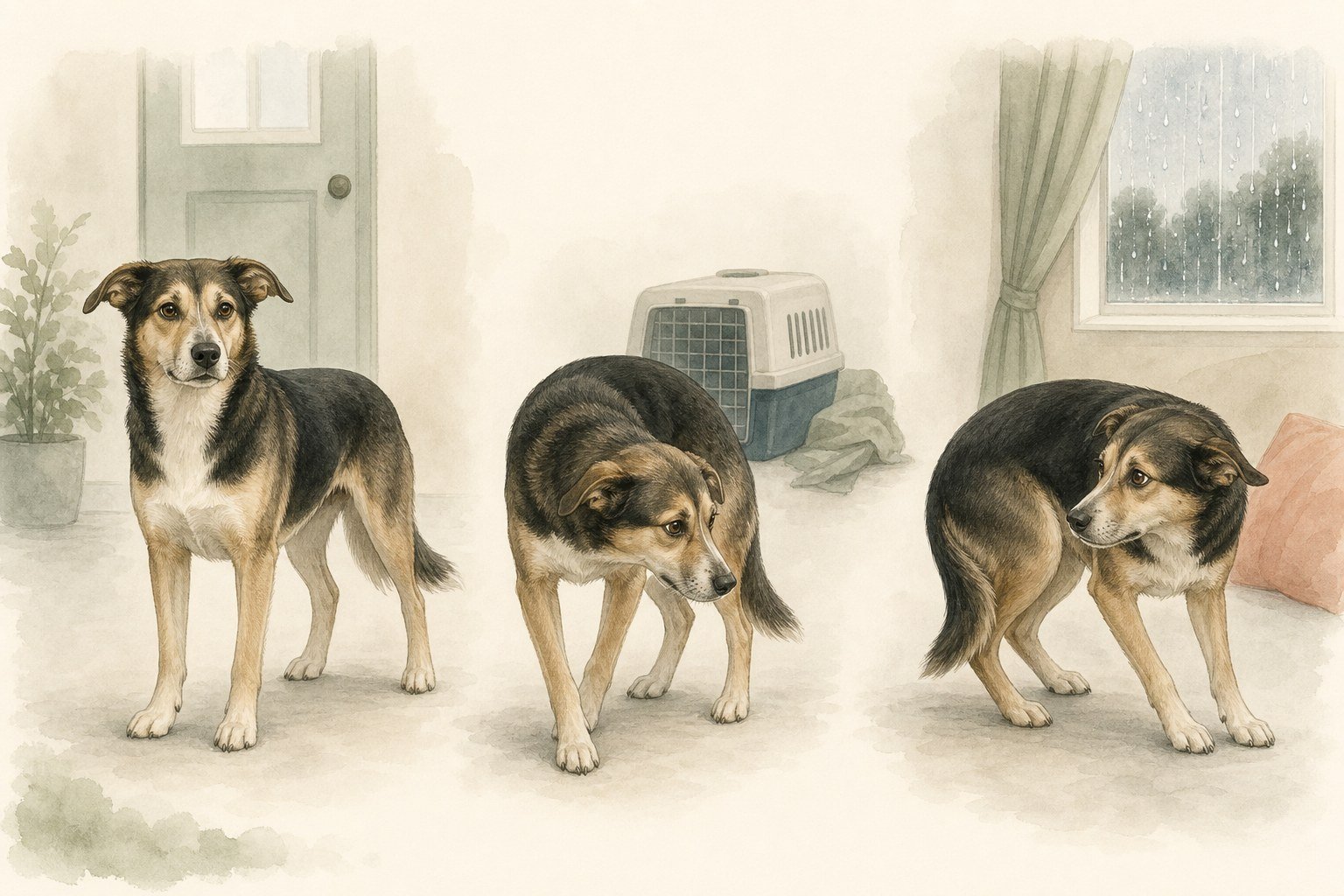Illustration comparing relaxed, uncertain, and heightened stress postures in a dog