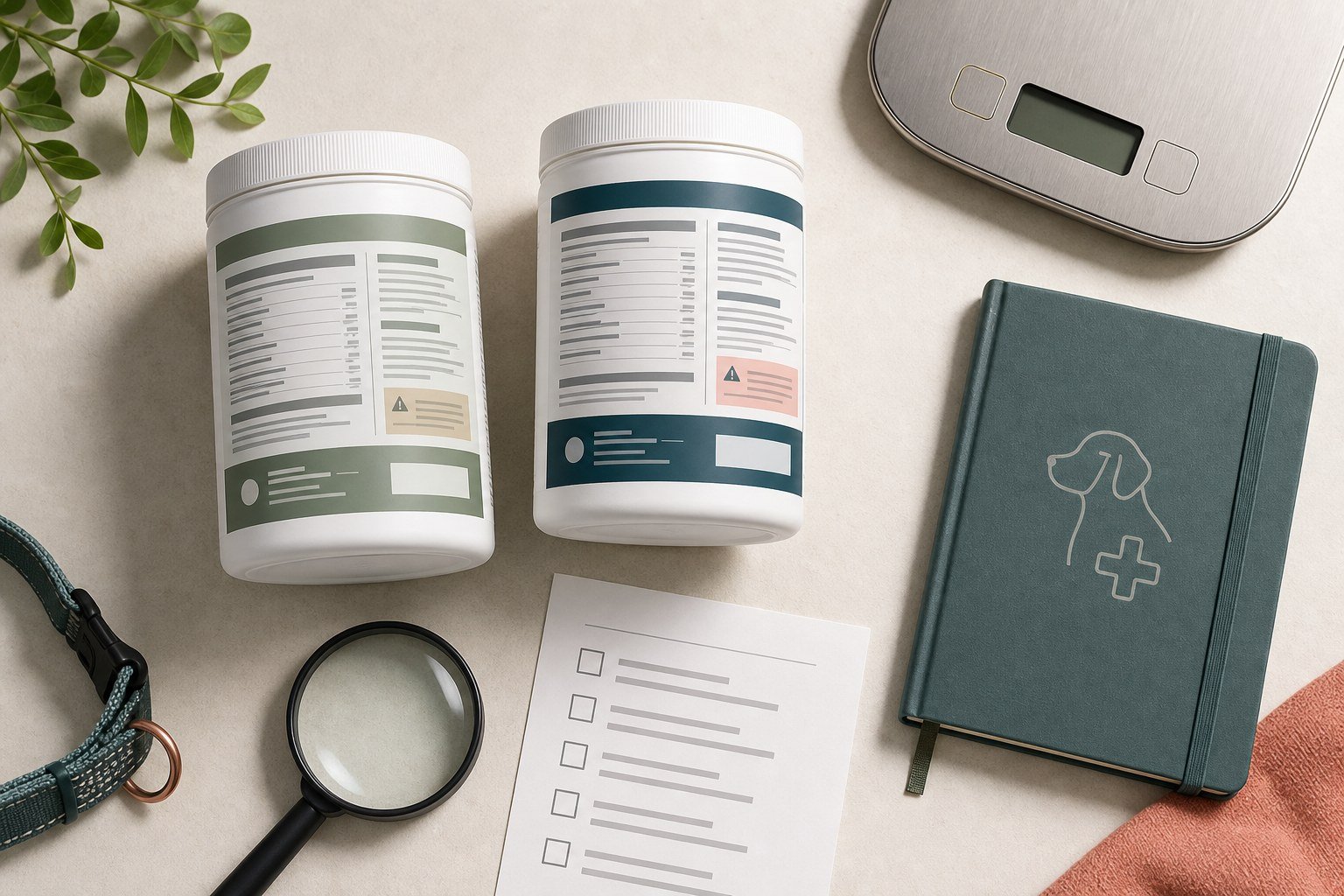 Two unbranded dog supplement labels beside a magnifying glass and comparison checklist