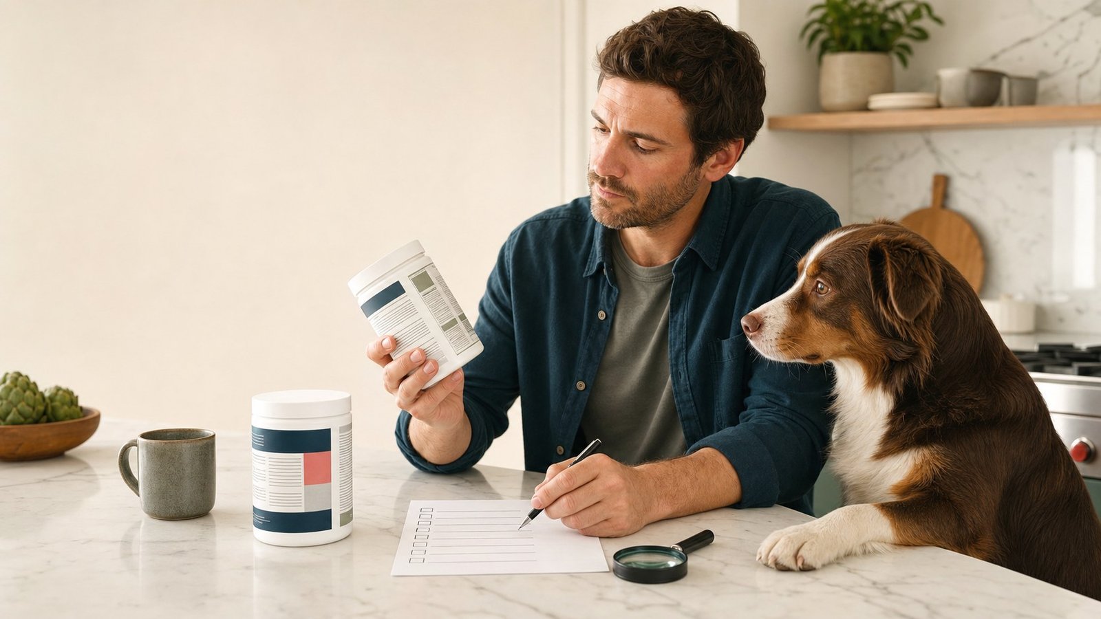 Dog owner comparing two unbranded supplement labels with a checklist