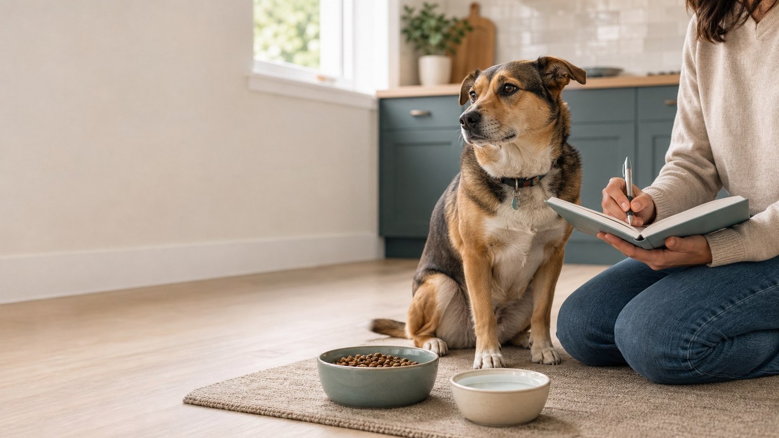 Dog owner recording digestive health observations beside a calm dog
