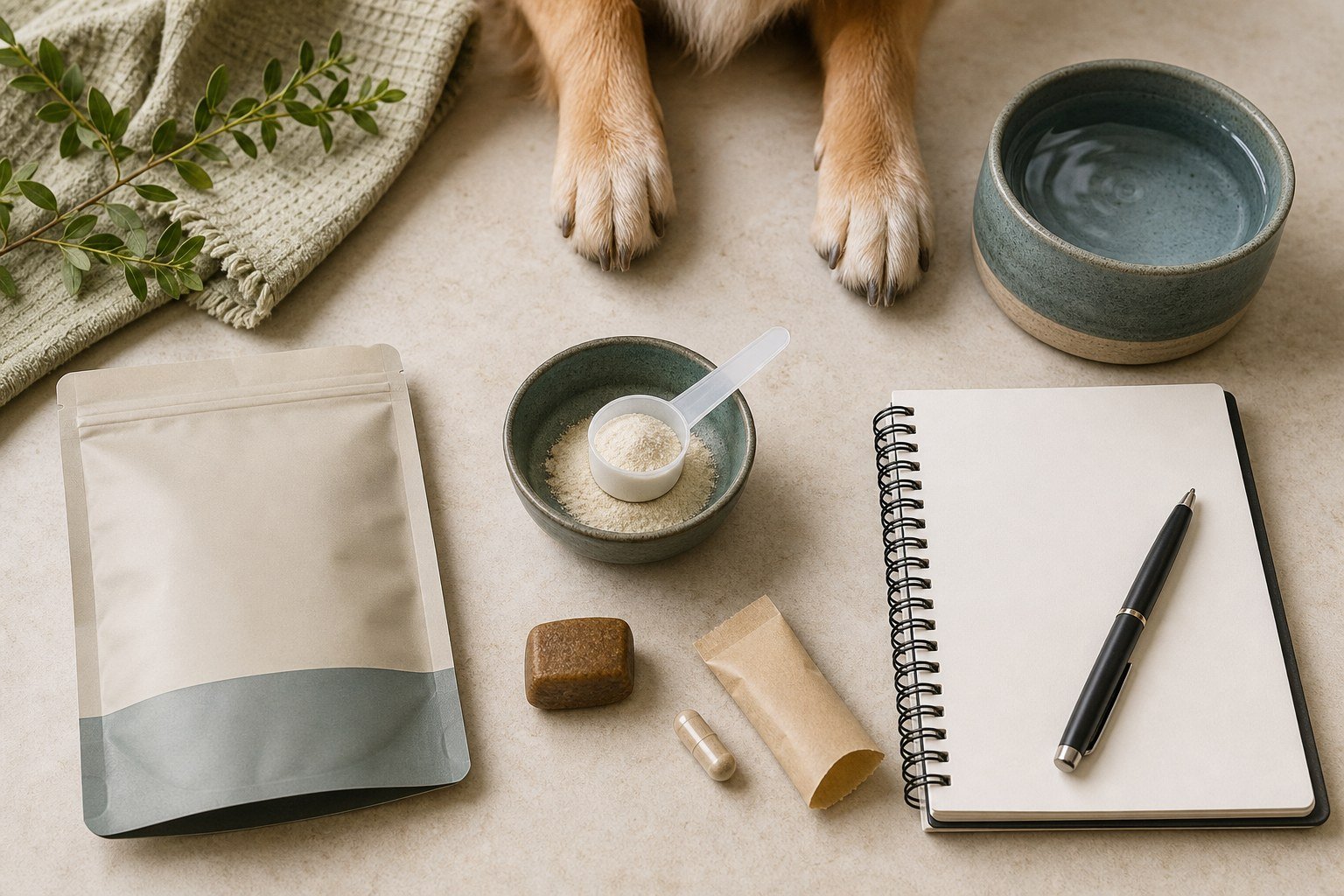 Unbranded dog gut supplement formats beside a care journal and water bowl