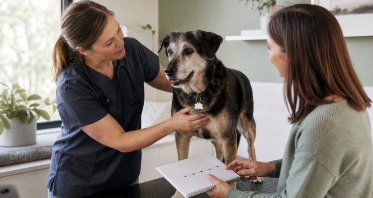 Veterinarian gently examines a senior dog while the owner shares an observation notebook.