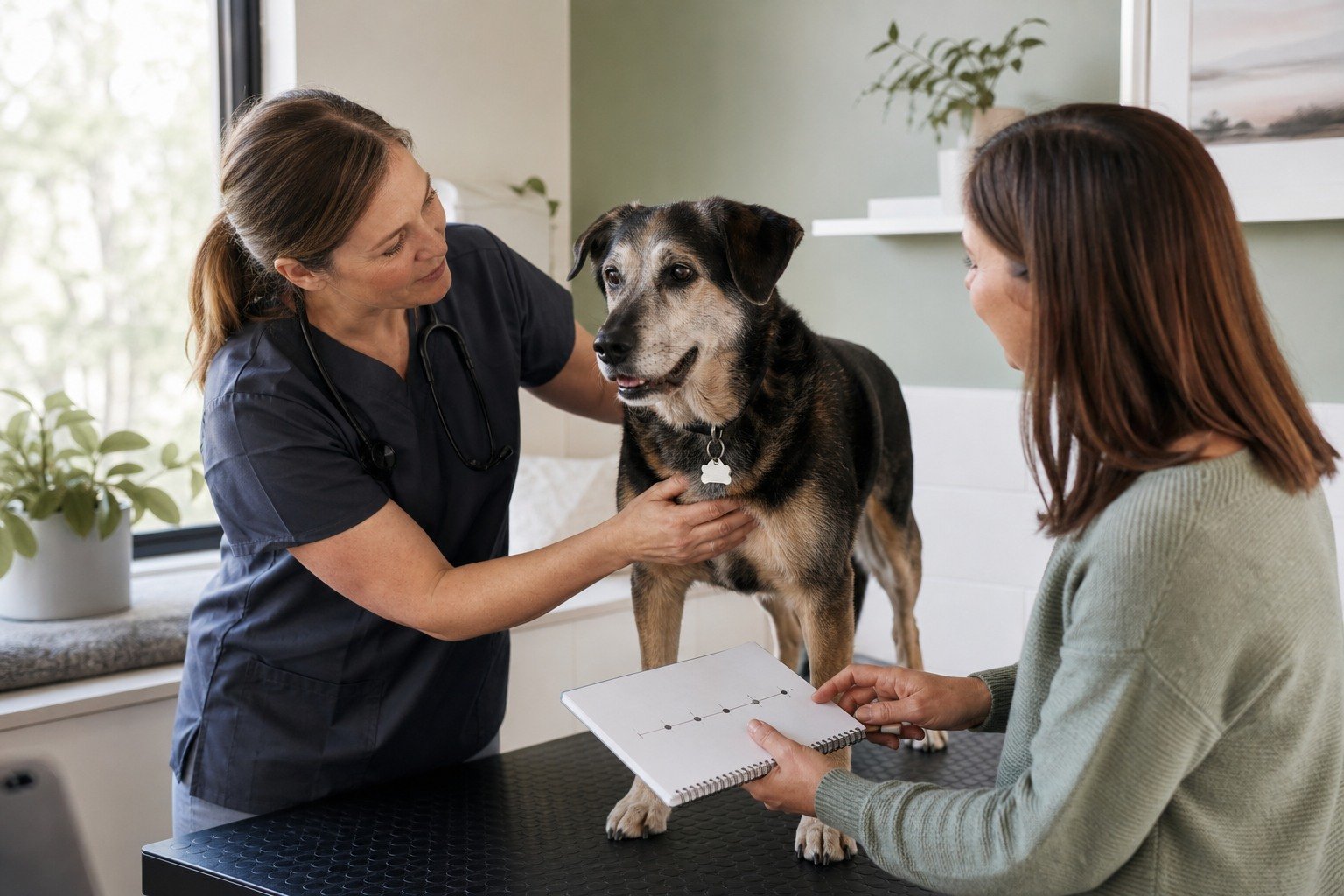 Veterinarian gently examines a senior dog while the owner shares an observation notebook.