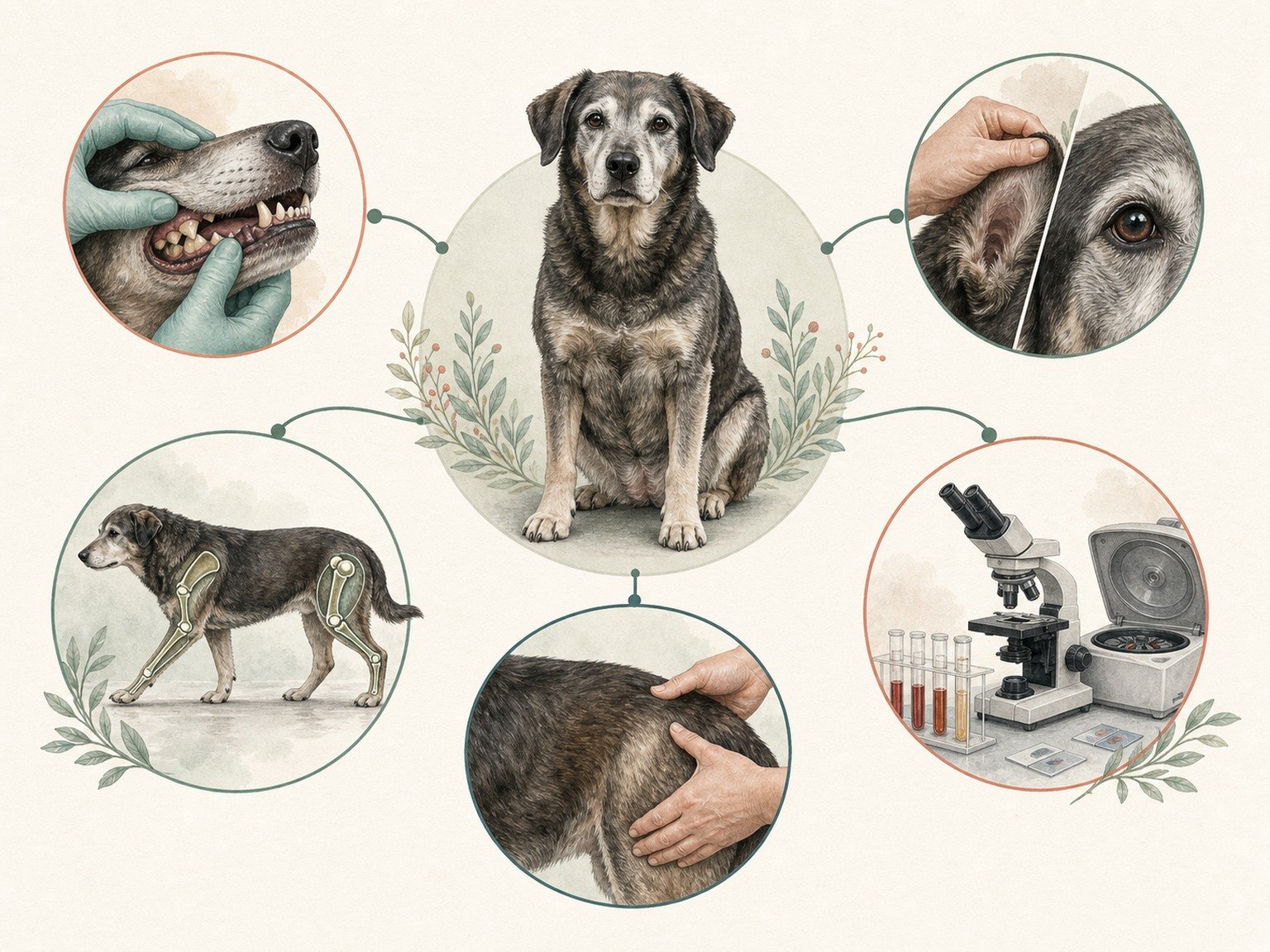 Whole-dog senior examination map shows oral health, mobility, body condition, senses, and risk-based testing.