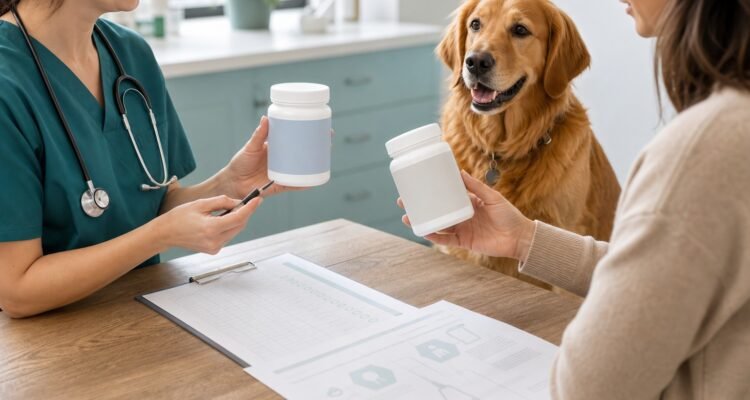 Veterinarian and owner compare generic dog supplement packages and quality records.