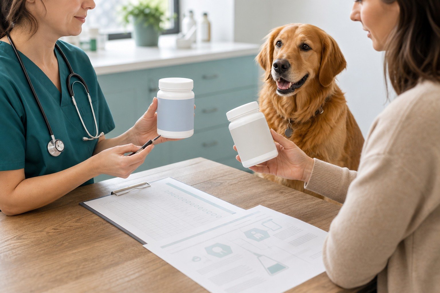 Veterinarian and owner compare generic dog supplement packages and quality records.