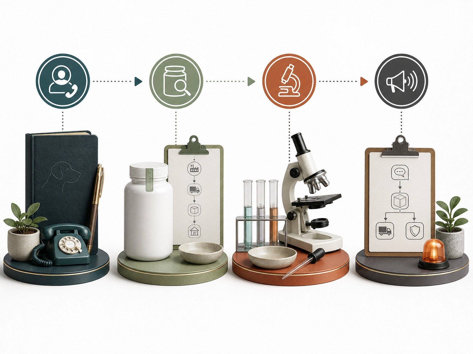Quality-chain illustration links company identity, lot traceability, testing scope, and complaint response.