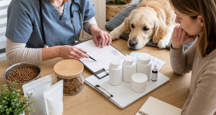 Veterinarian and owner reconcile food, treats, medications, and generic supplements for one dog.