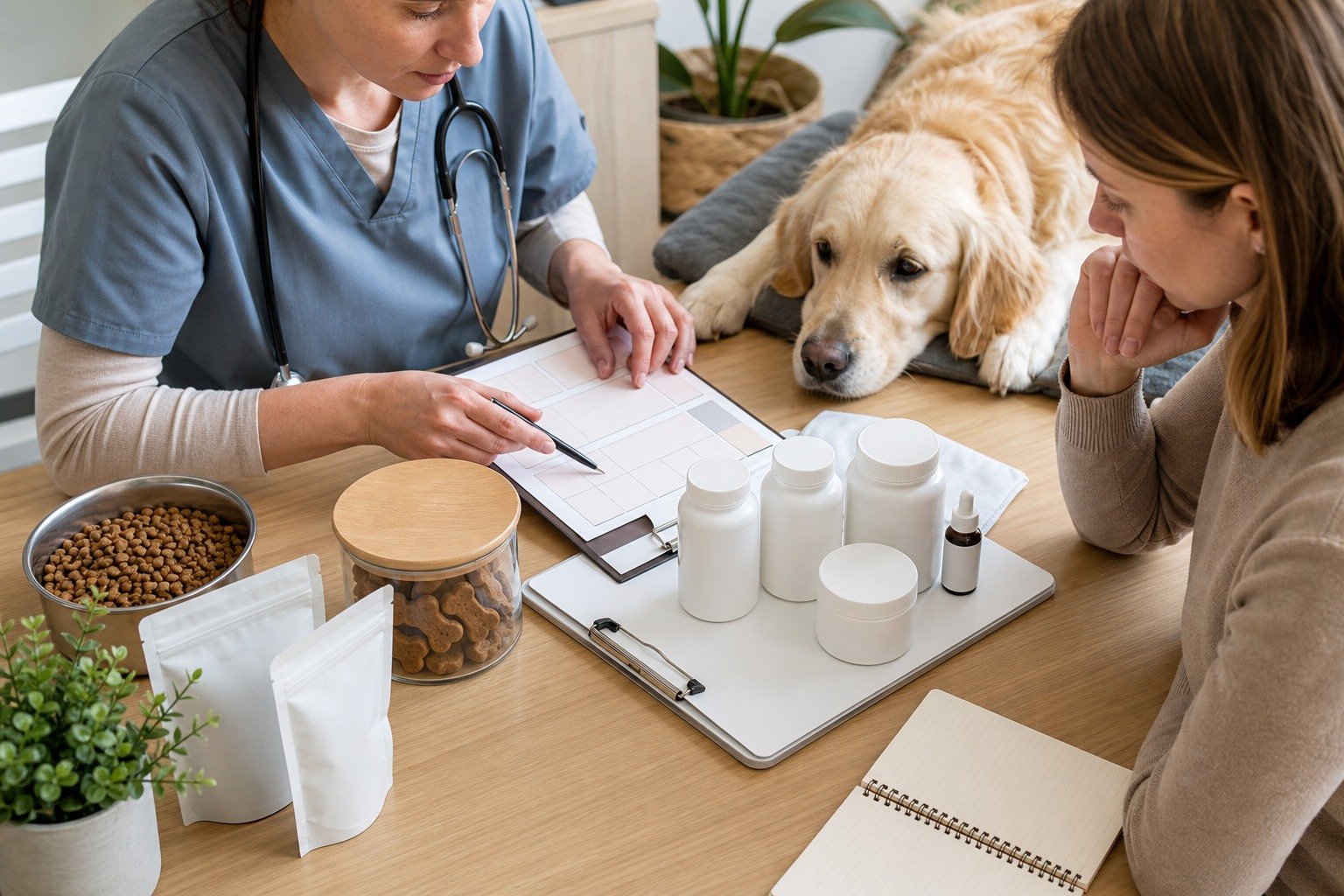 Veterinarian and owner reconcile food, treats, medications, and generic supplements for one dog.