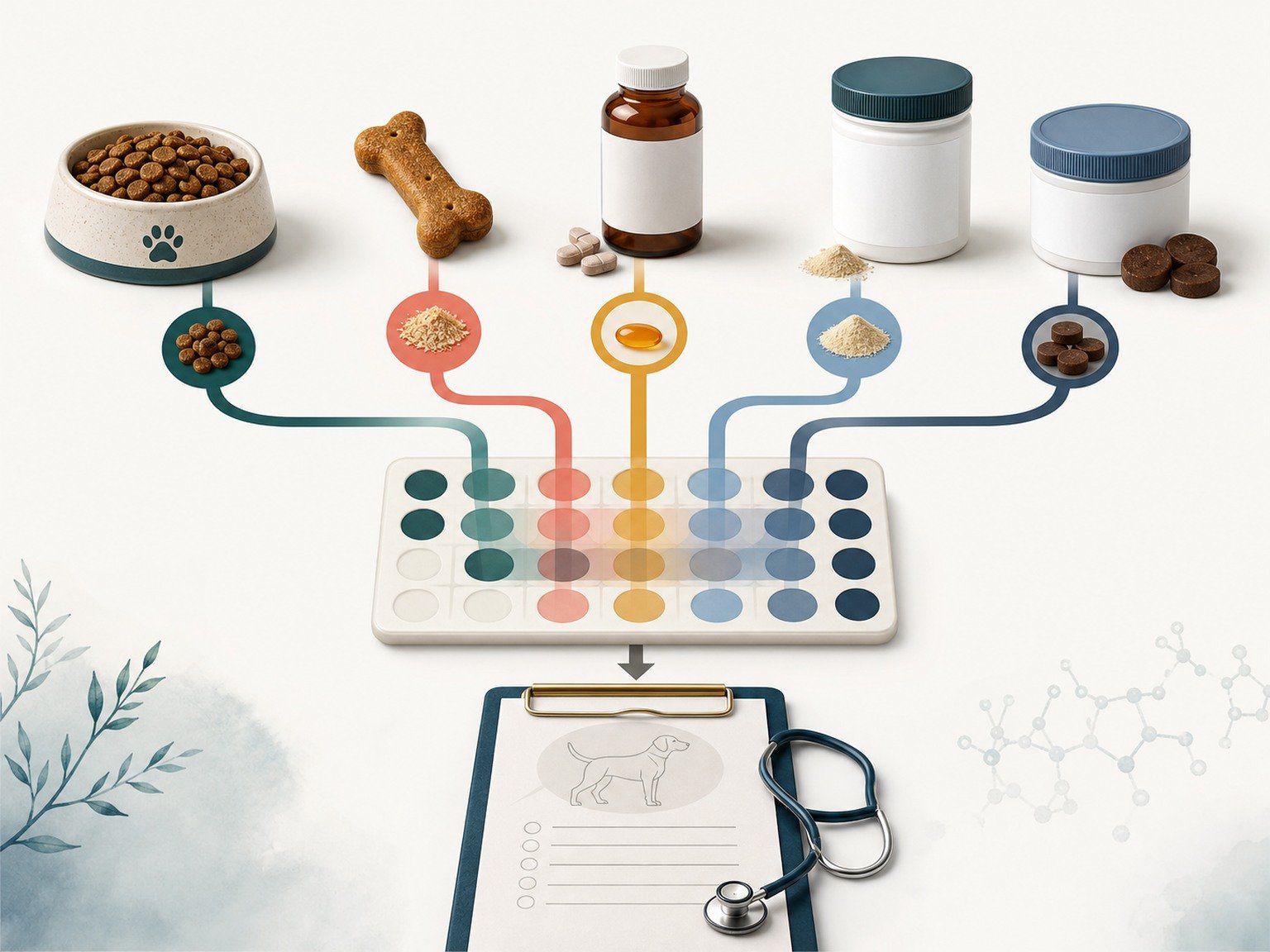 Ingredient pathways from food, treats, medication, and supplements converge in a reconciliation matrix.