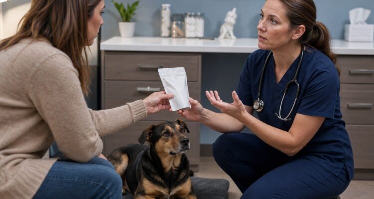 Owner gives a generic supplement package to a veterinarian after a possible dosing mistake.