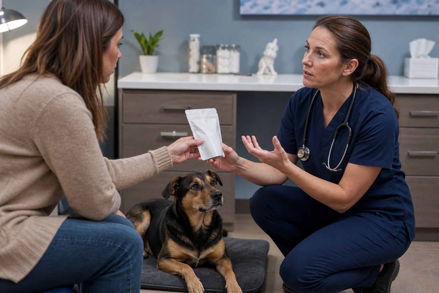 Owner gives a generic supplement package to a veterinarian after a possible dosing mistake.