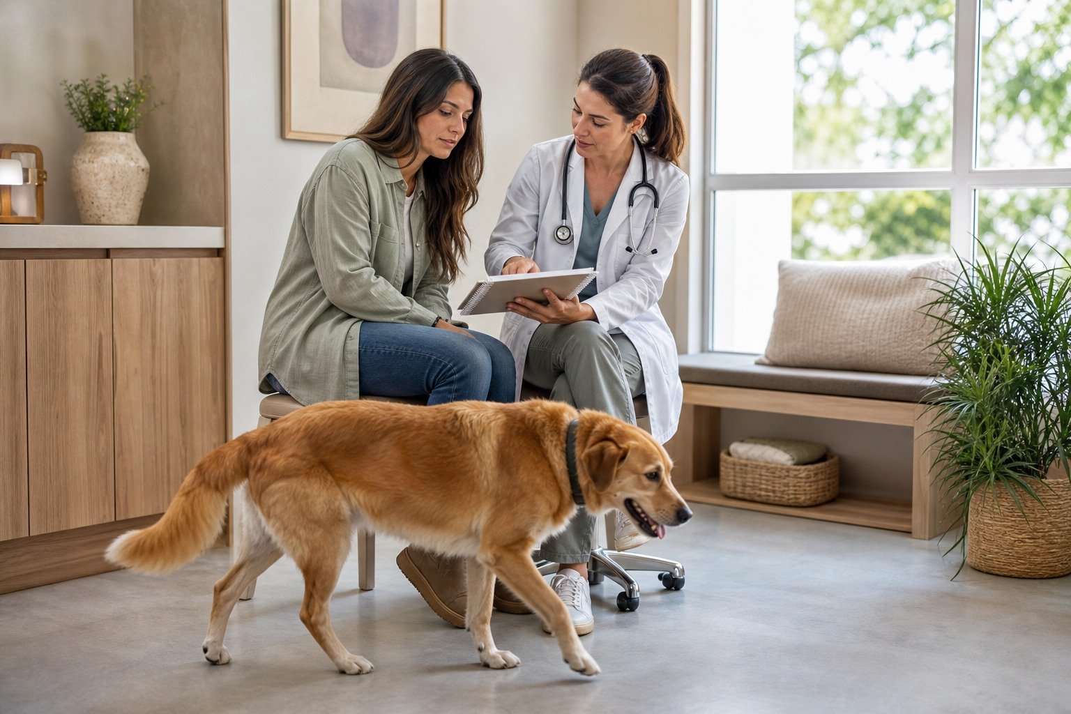 Veterinarian and owner review a dog's baseline and outcome log during a calm recheck.