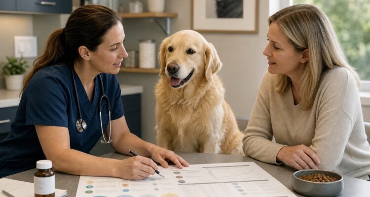 Veterinarian, owner, and dog review a complete care map that includes diet, medication, and a generic supplement.