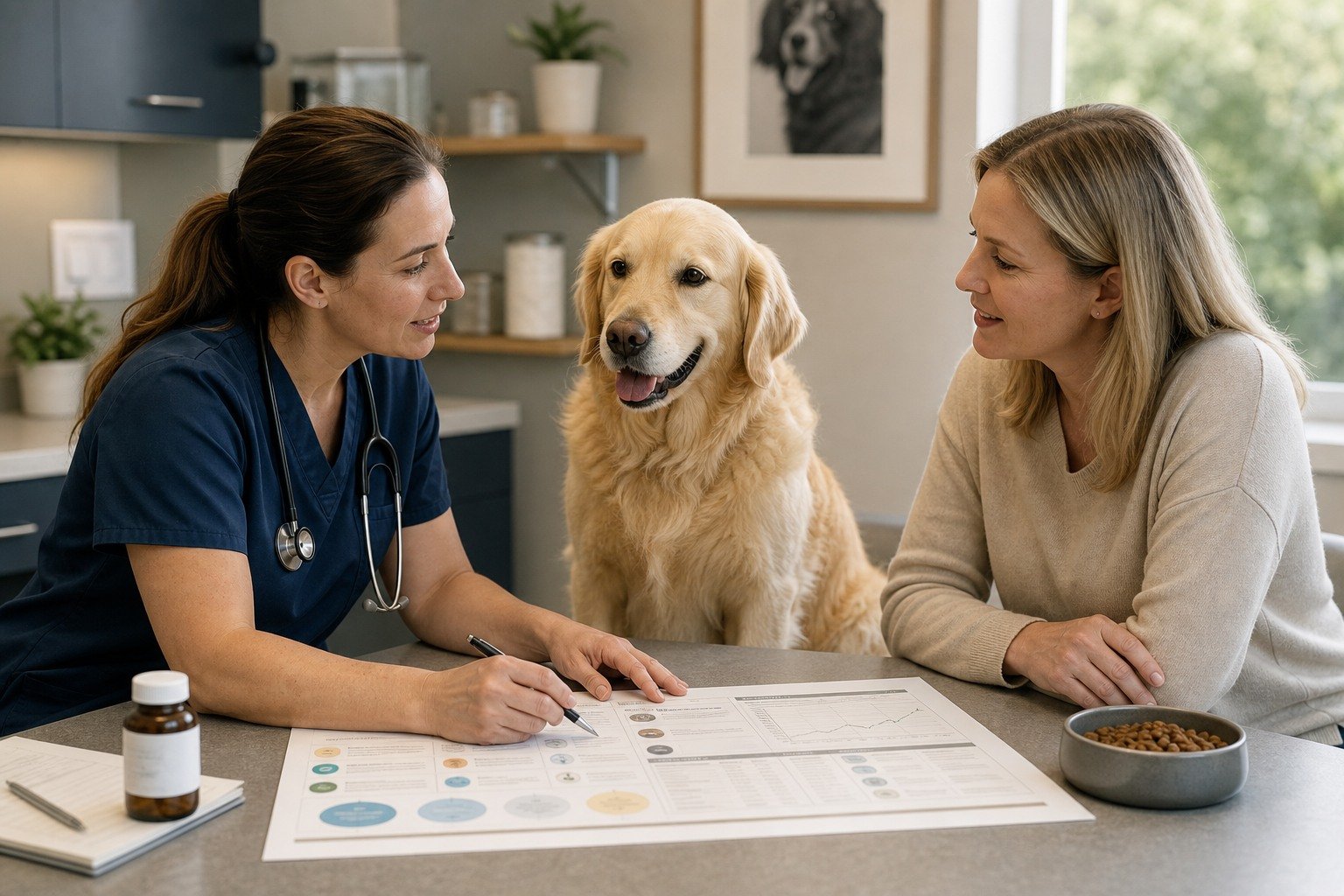 Veterinarian, owner, and dog review a complete care map that includes diet, medication, and a generic supplement.