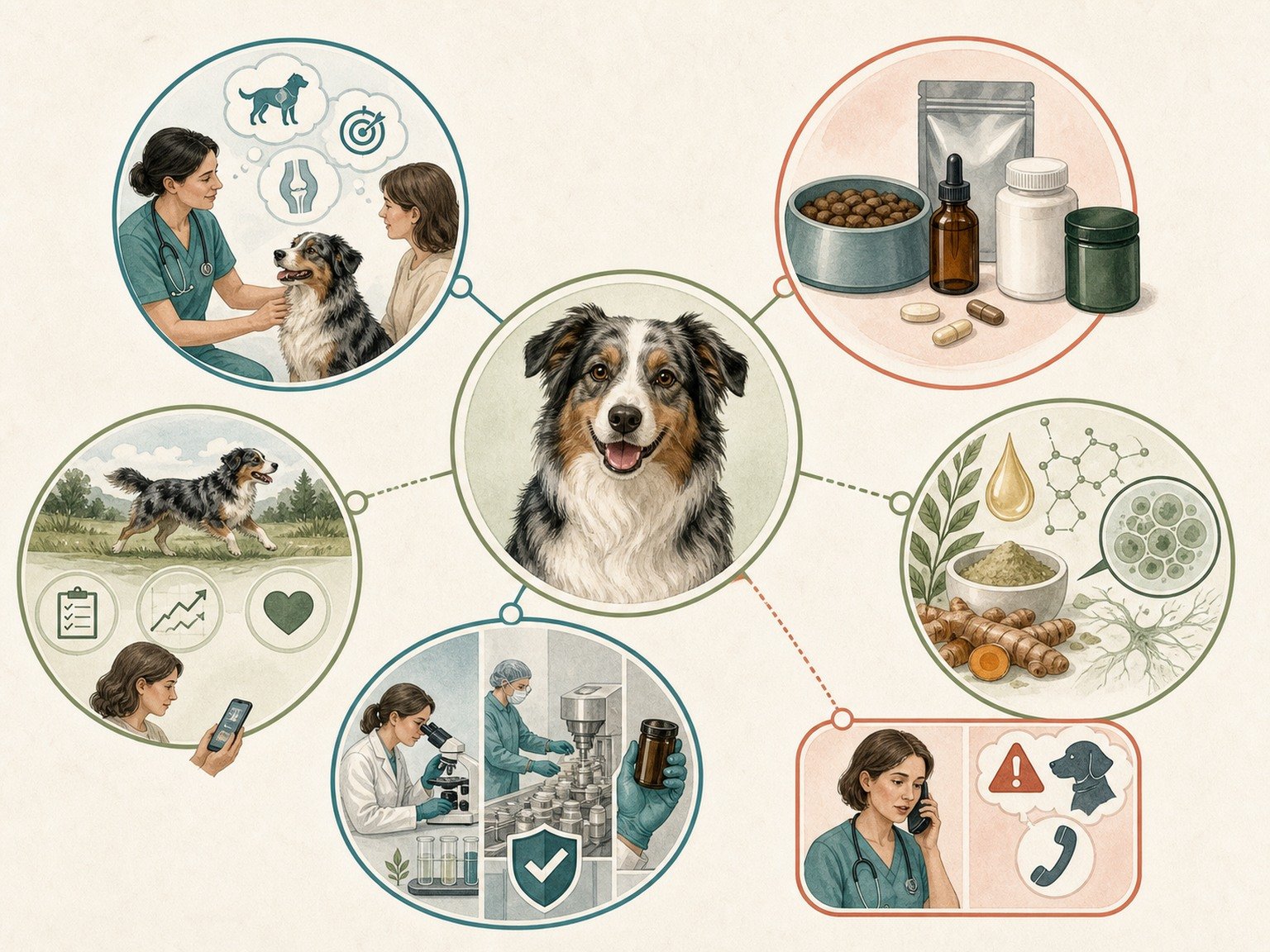 Shared-decision illustration connects diagnosis, exposure reconciliation, evidence, quality, monitoring, and specialist input.