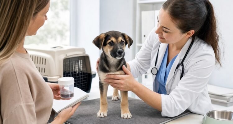 Veterinarian examines an alert puppy while the owner presents a symptom log and sealed sample container.