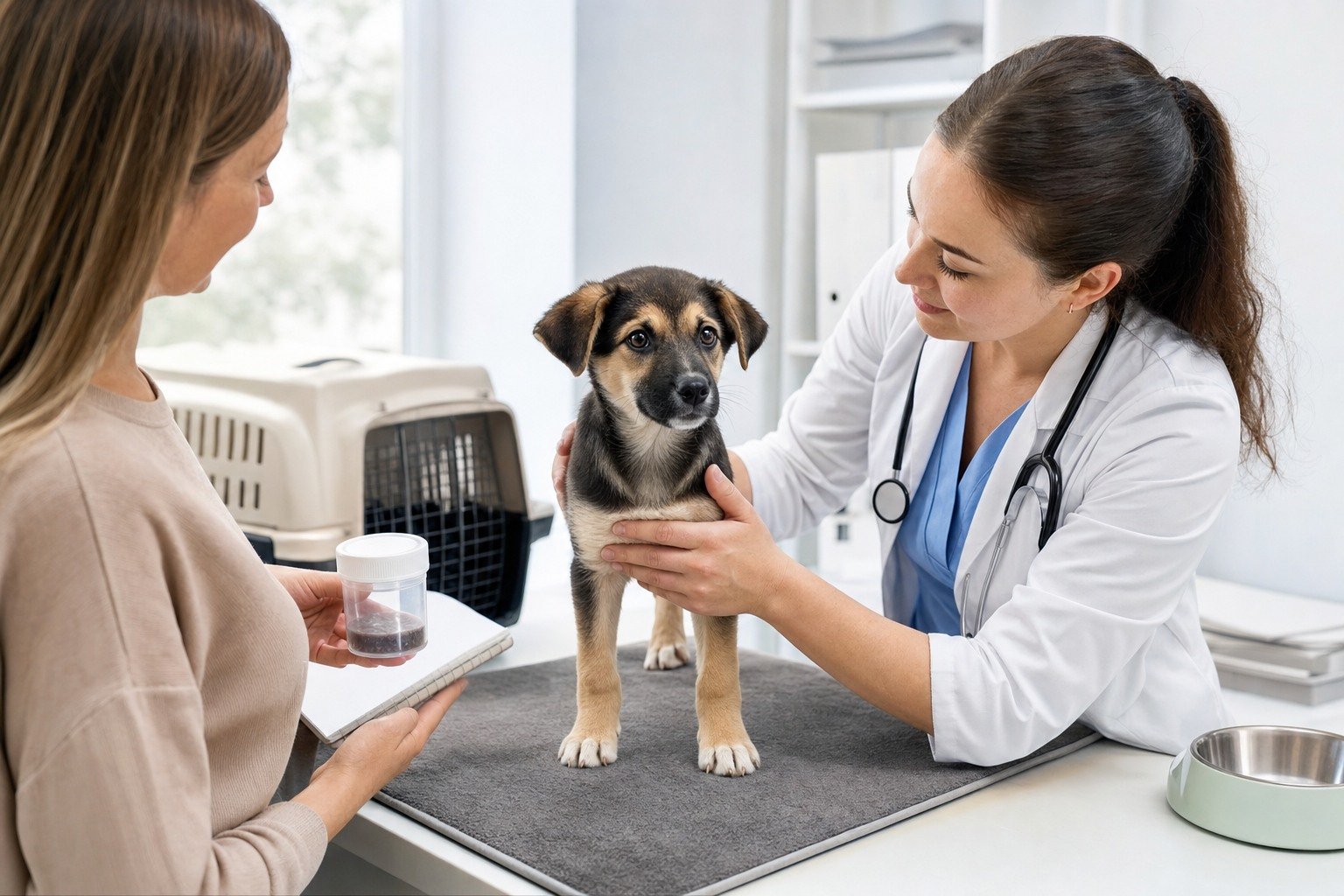 Veterinarian examines an alert puppy while the owner presents a symptom log and sealed sample container.