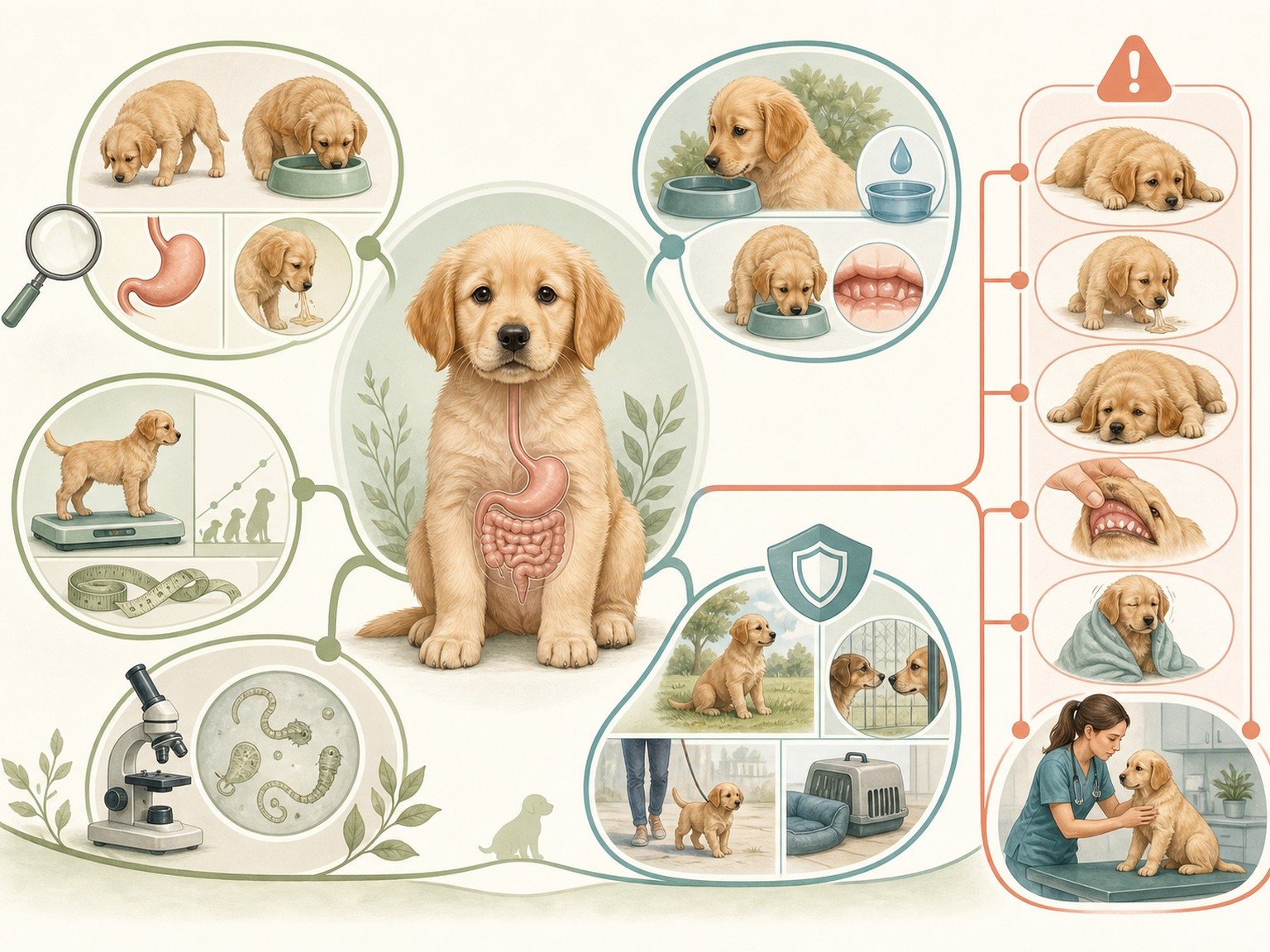 Puppy digestive-health map connects observations, growth, parasite testing, vaccination, exposures, and urgent care.