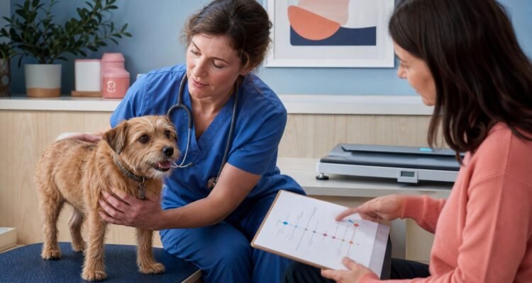 Veterinarian examines a small terrier while the owner shares a recurring digestive-sign timeline.