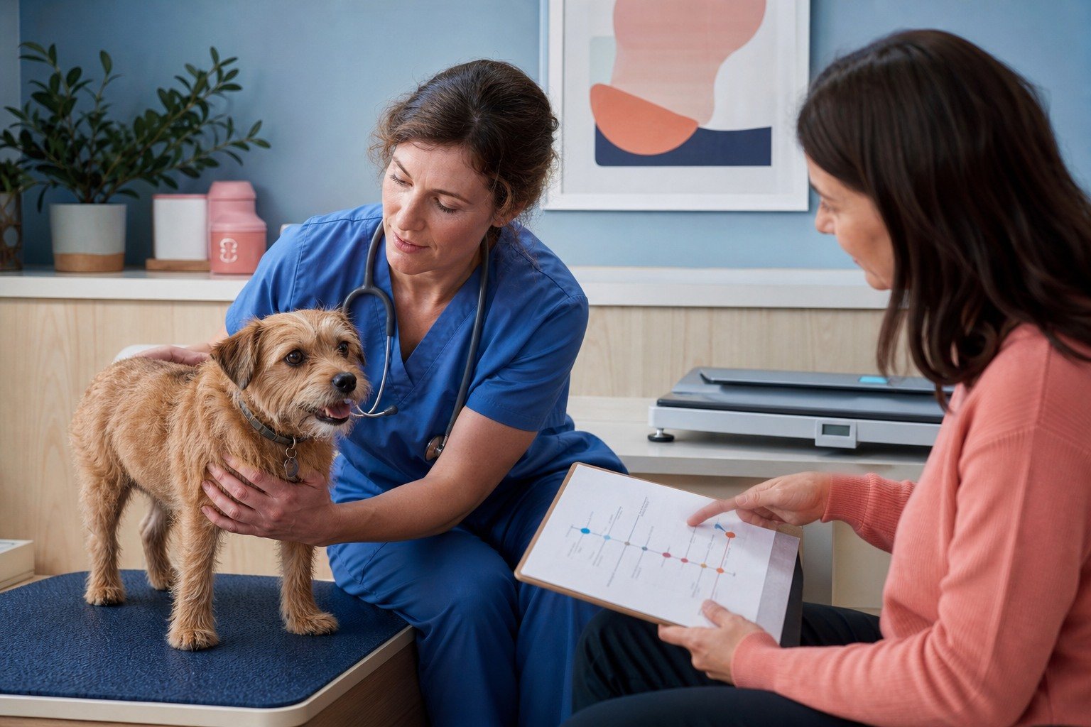 Veterinarian examines a small terrier while the owner shares a recurring digestive-sign timeline.