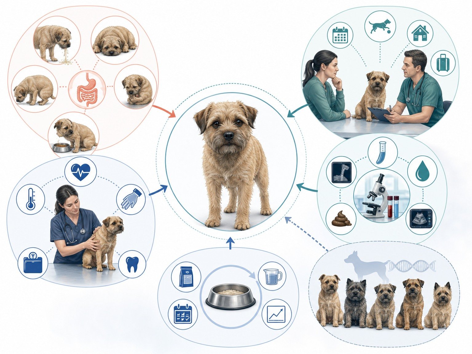 Diagnostic map places breed association beside history, examination, testing, and controlled diet evaluation.