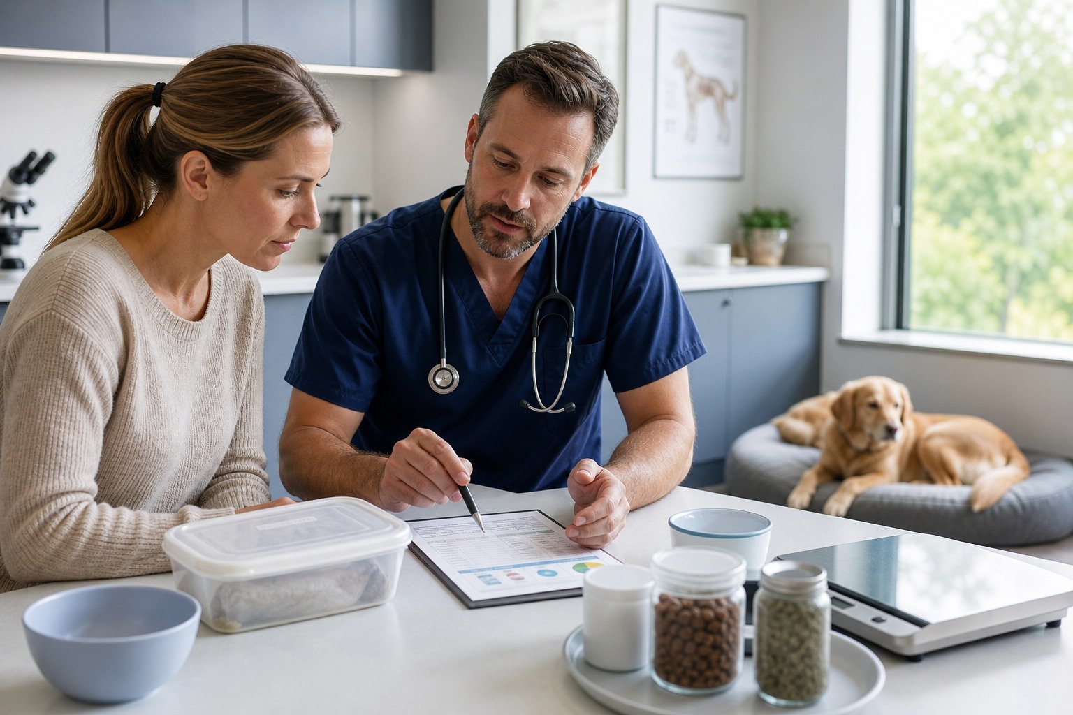 Veterinary nutrition consultation reviews a covered raw-food container, complete-diet record, and household risks while the dog rests apart.