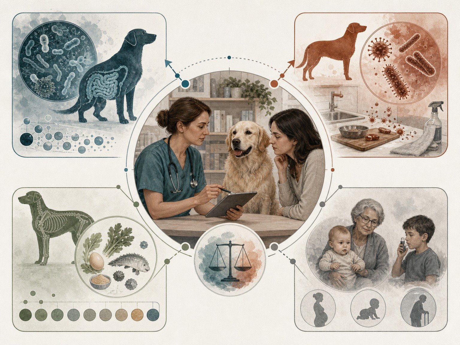 Balanced evidence map separates microbiome composition, pathogen exposure, nutritional completeness, and vulnerable household members.