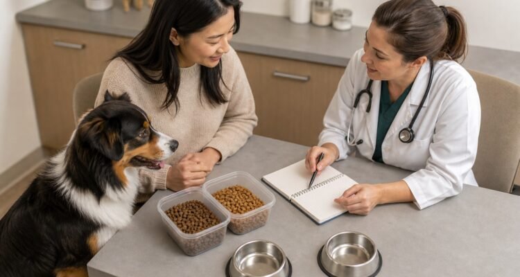 Veterinarian and owner plan a dog-food change using two generic foods and an observation log without a timetable.