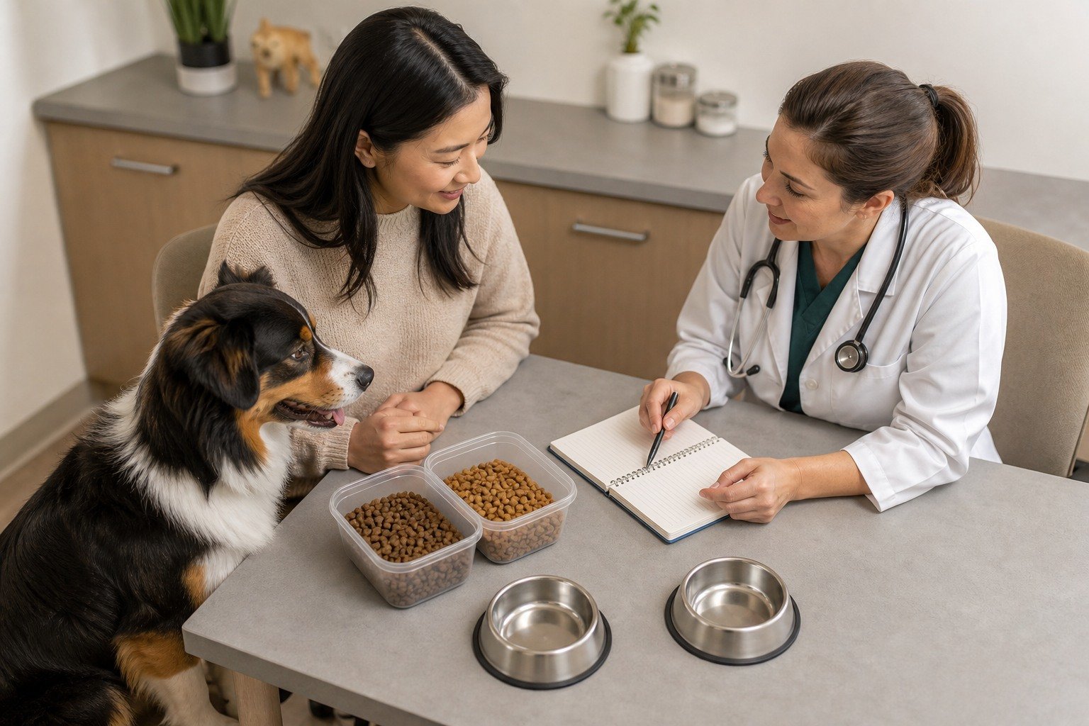 Veterinarian and owner plan a dog-food change using two generic foods and an observation log without a timetable.