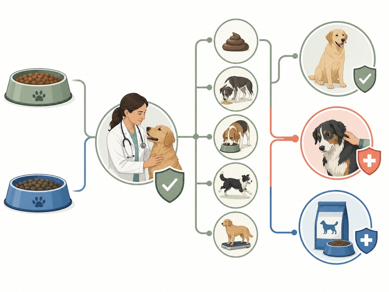 Food-transition pathway separates routine change, adverse or recall concern, and therapeutic-diet decisions.