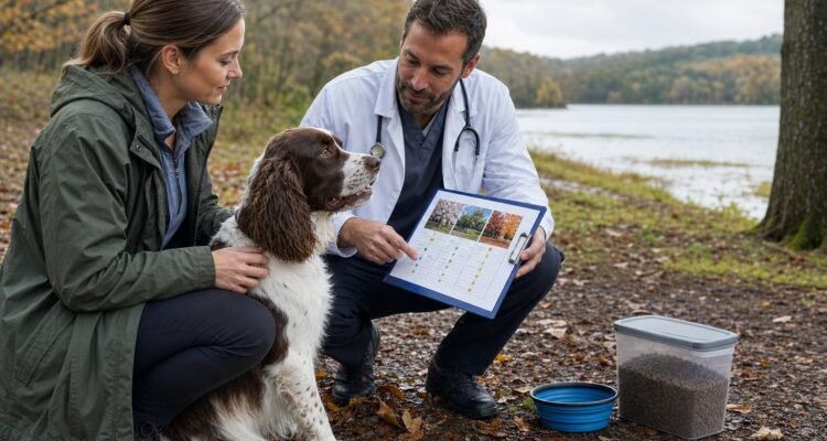 Owner and veterinarian review a seasonal exposure calendar beside a calm spaniel at a lakeside trailhead.