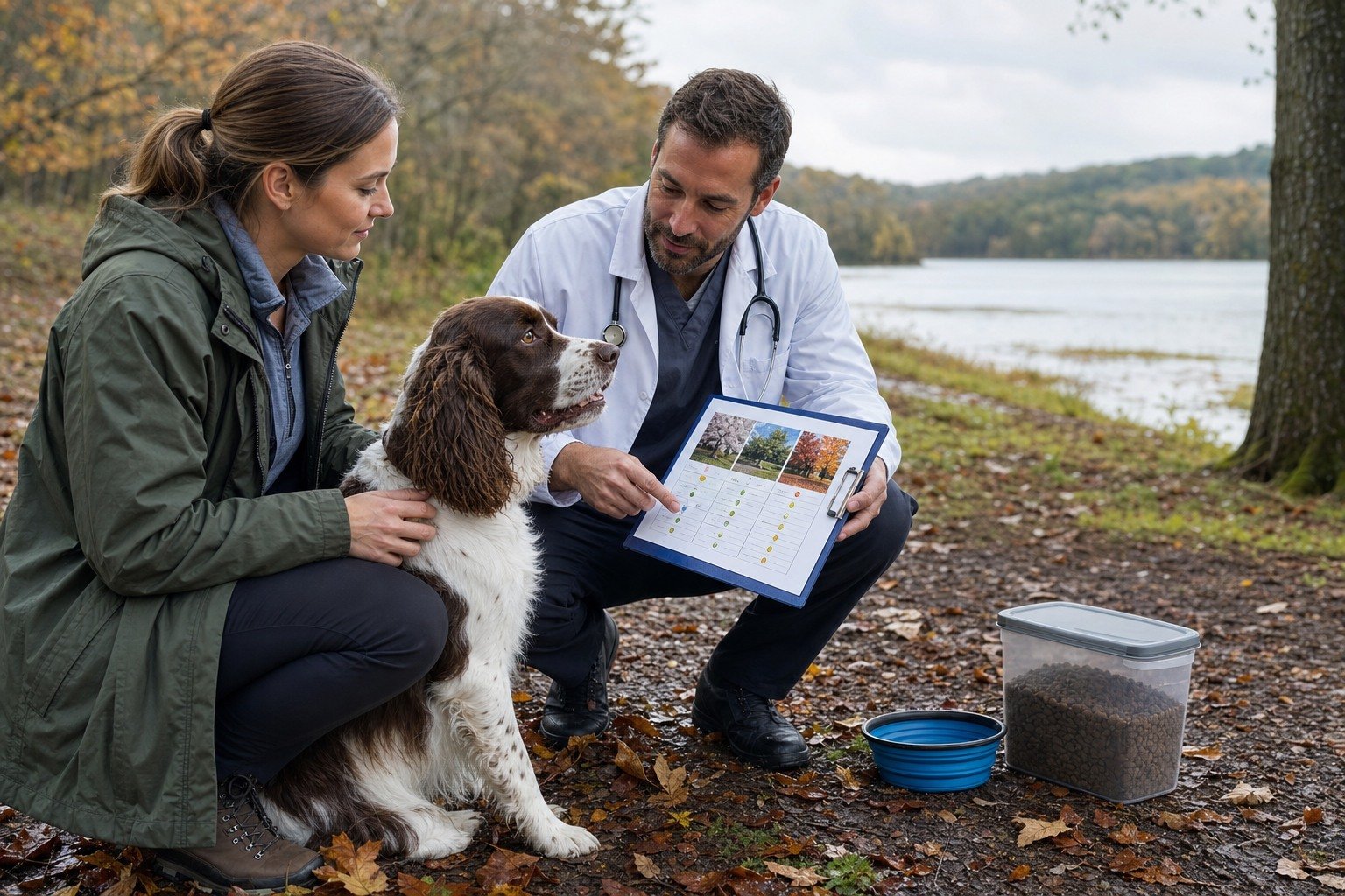 Owner and veterinarian review a seasonal exposure calendar beside a calm spaniel at a lakeside trailhead.