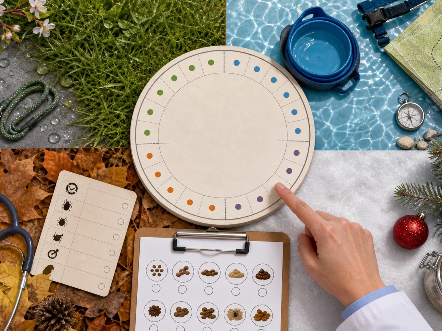 Four-season observation calendar organizes water, travel, parasite, holiday, diet, stool, and veterinary details without treatment instructions.