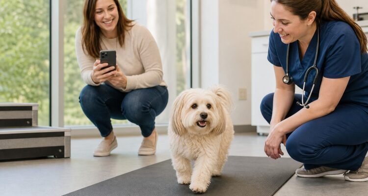 Veterinarian observes a small Havanese walking on a nonslip clinic lane while the owner records video.