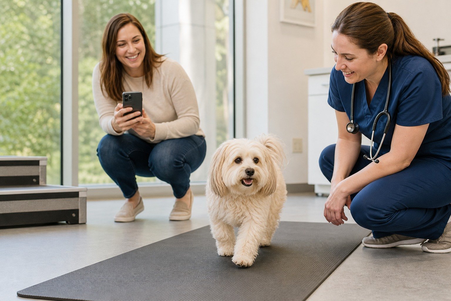 Veterinarian observes a small Havanese walking on a nonslip clinic lane while the owner records video.