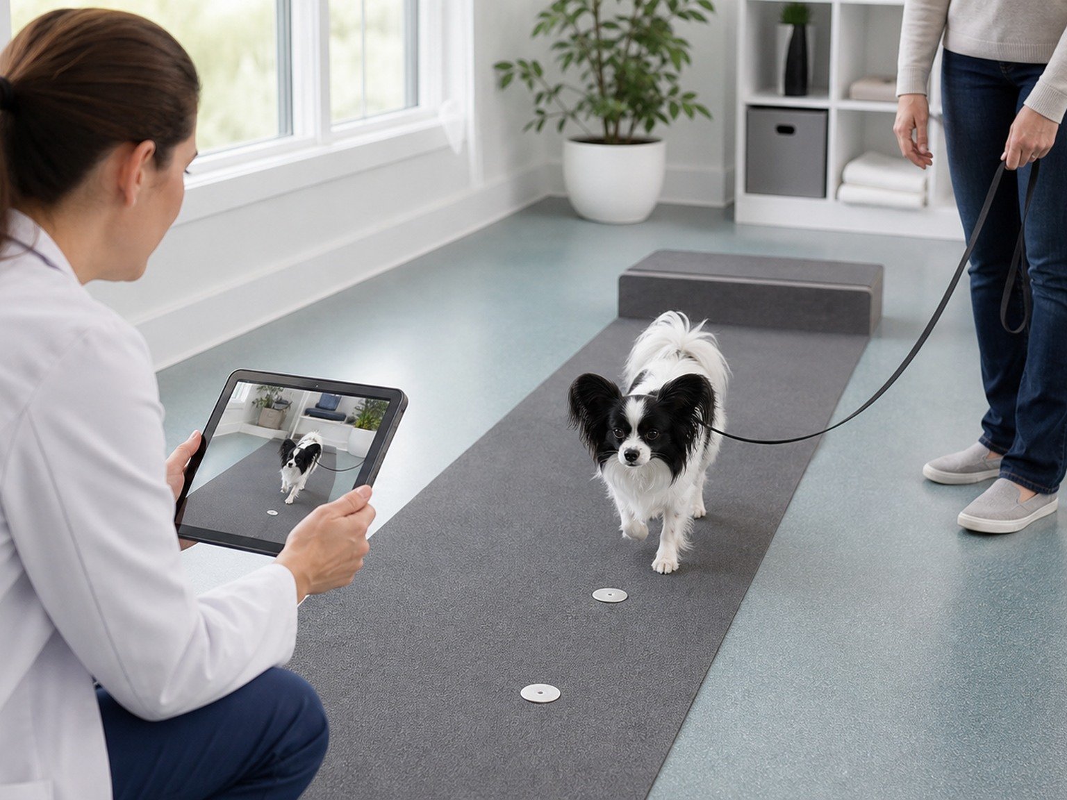 A Papillon walks once along a veterinary mobility lane while a clinician records gait and the owner stays nearby.