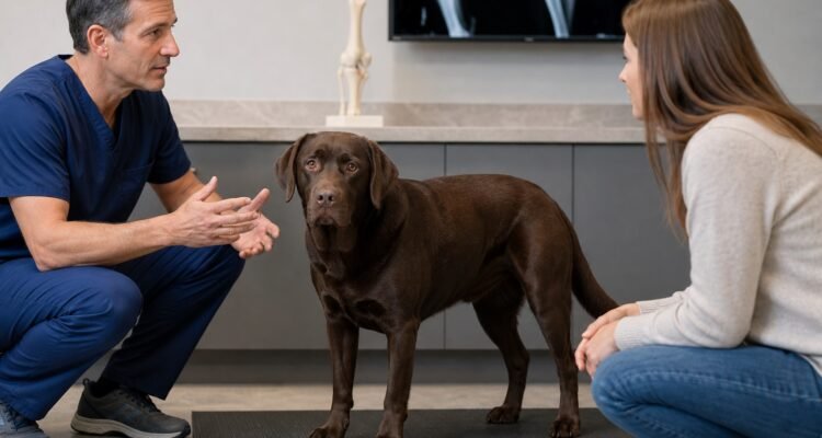 Veterinary surgeon and owner discuss a chocolate Labrador's mobility in an orthopedic consultation room.