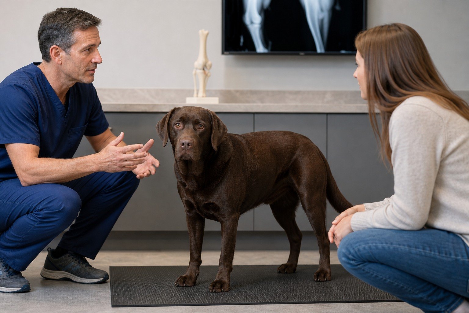 Veterinary surgeon and owner discuss a chocolate Labrador's mobility in an orthopedic consultation room.