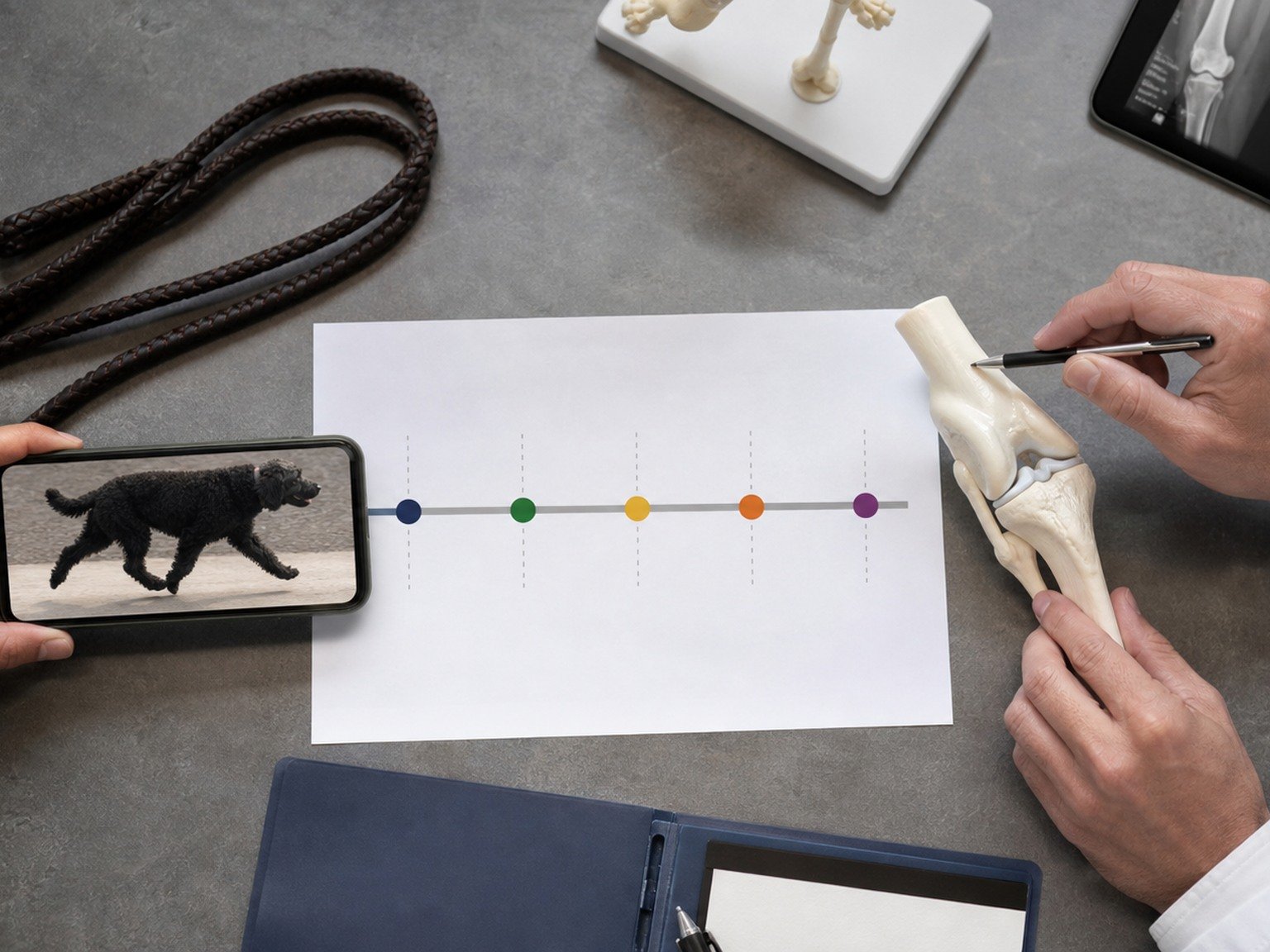 Owner and veterinarian organize a mobility timeline, gait video, stifle model, and appointment record.
