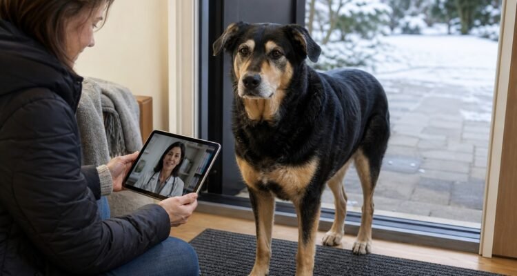 Owner observes an older mixed-breed dog at a winter entryway while speaking with a veterinarian by video.