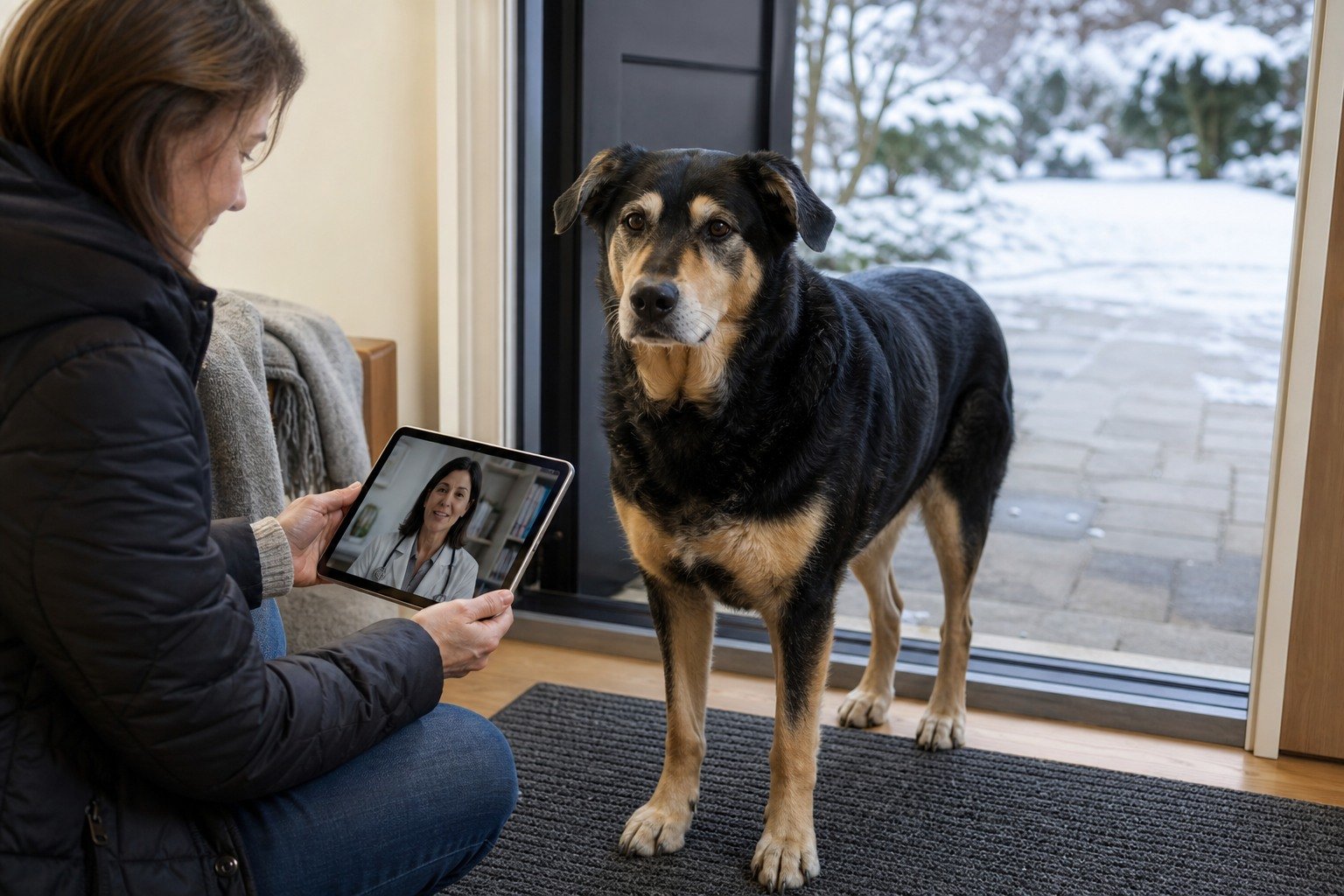 Owner observes an older mixed-breed dog at a winter entryway while speaking with a veterinarian by video.