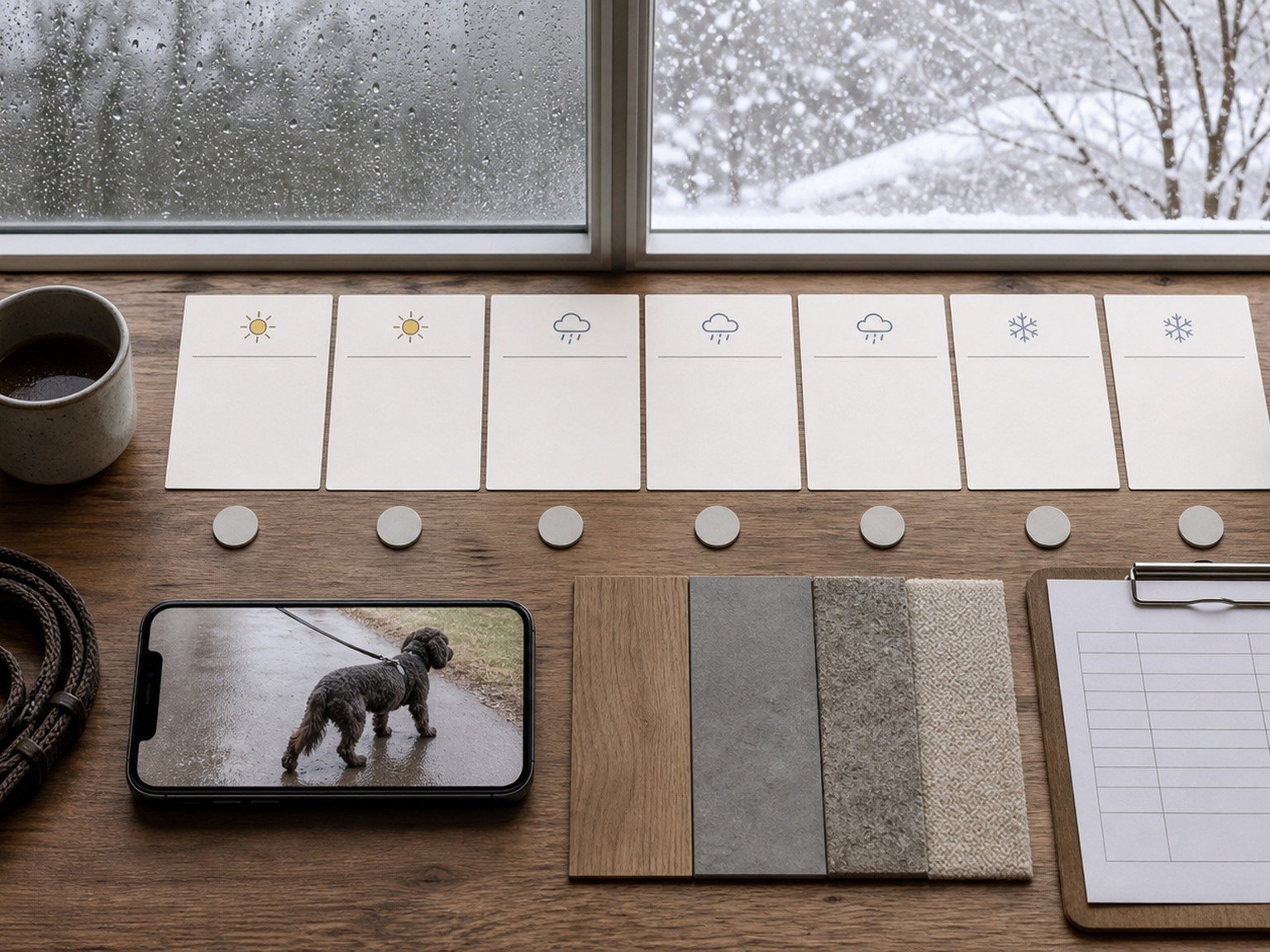 Neutral weather cards, walking video, floor samples, and a veterinary clipboard form a weather-and-mobility record.