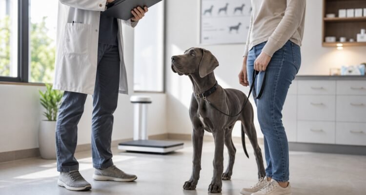 Veterinarian reviews a growth record while a lean Great Dane puppy stands beside its owner in a clinic.