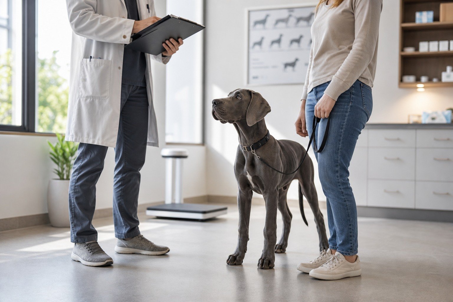 Veterinarian reviews a growth record while a lean Great Dane puppy stands beside its owner in a clinic.